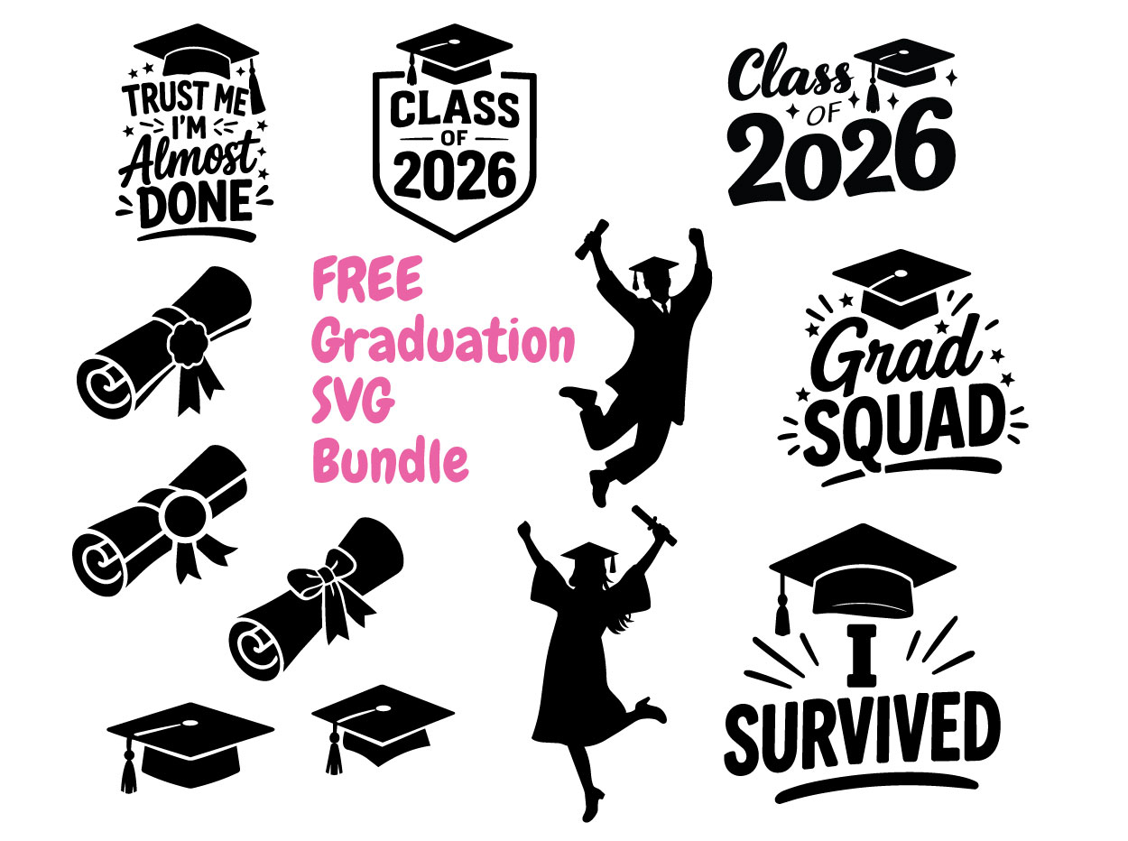 Graduation SVG Bundle Free Cut File Cricut Silhouette PNG DXF Class of 2026 Grad Squad Clipart Set