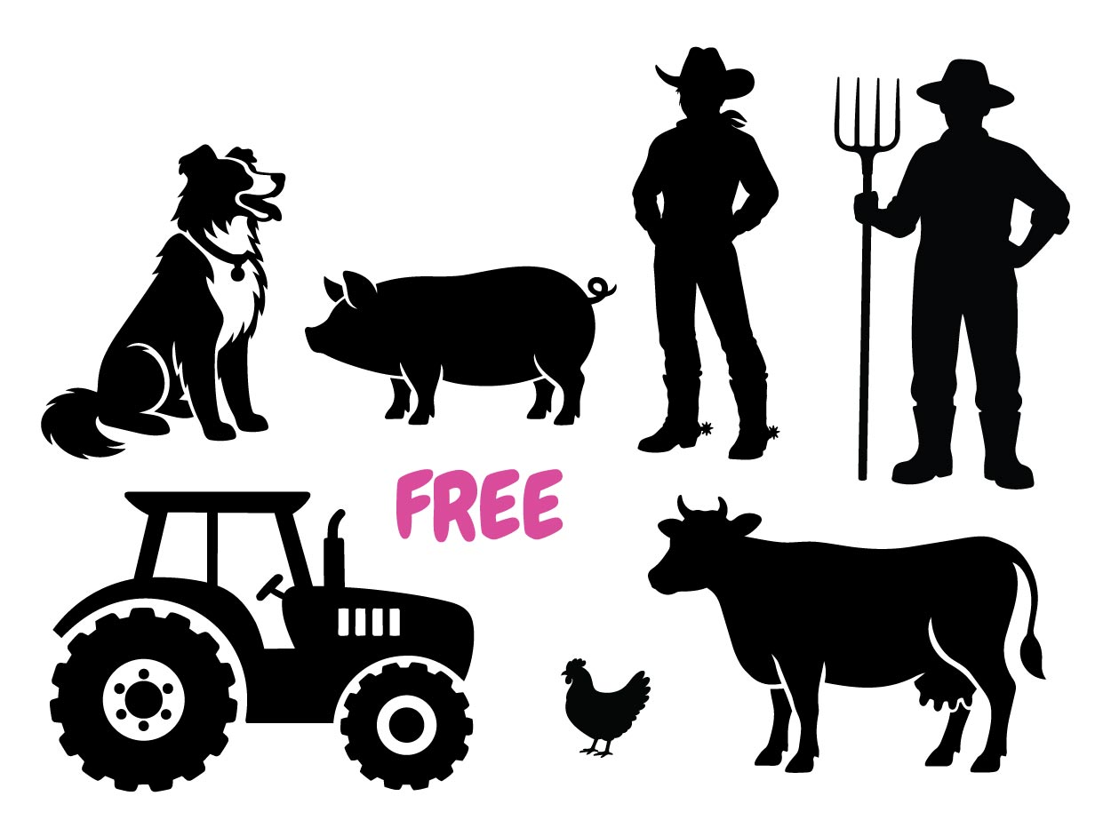 Farm animal SVG set including cow chicken pig barn windmill tractor silhouettes for Cricut projects sticker design and sublimation