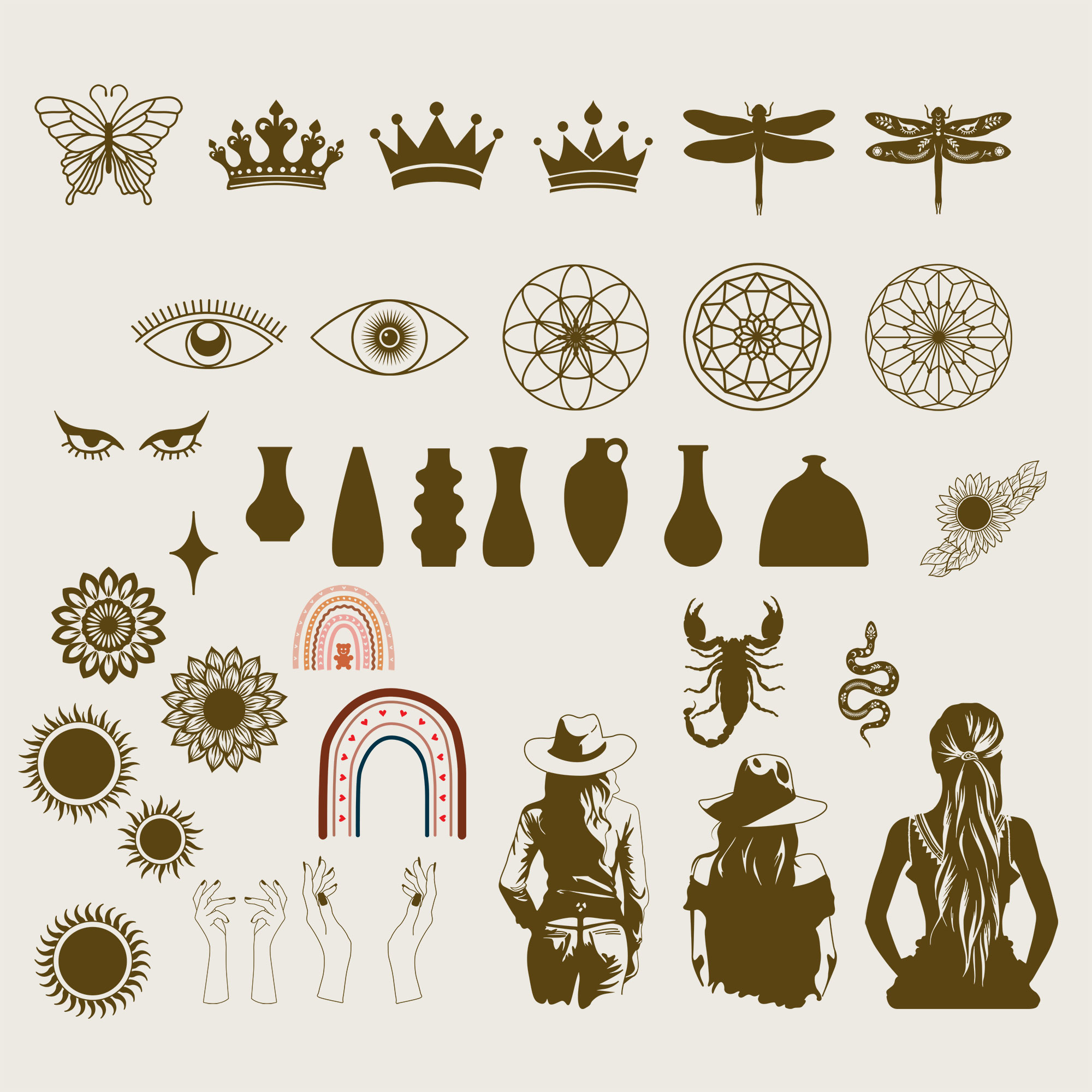 Massive 150 boho silhouette SVG bundle including mystical serpent, scorpion, butterflies, feathers, sun, leaves, dreamcatcher, dragonfly, hands, vases and more.