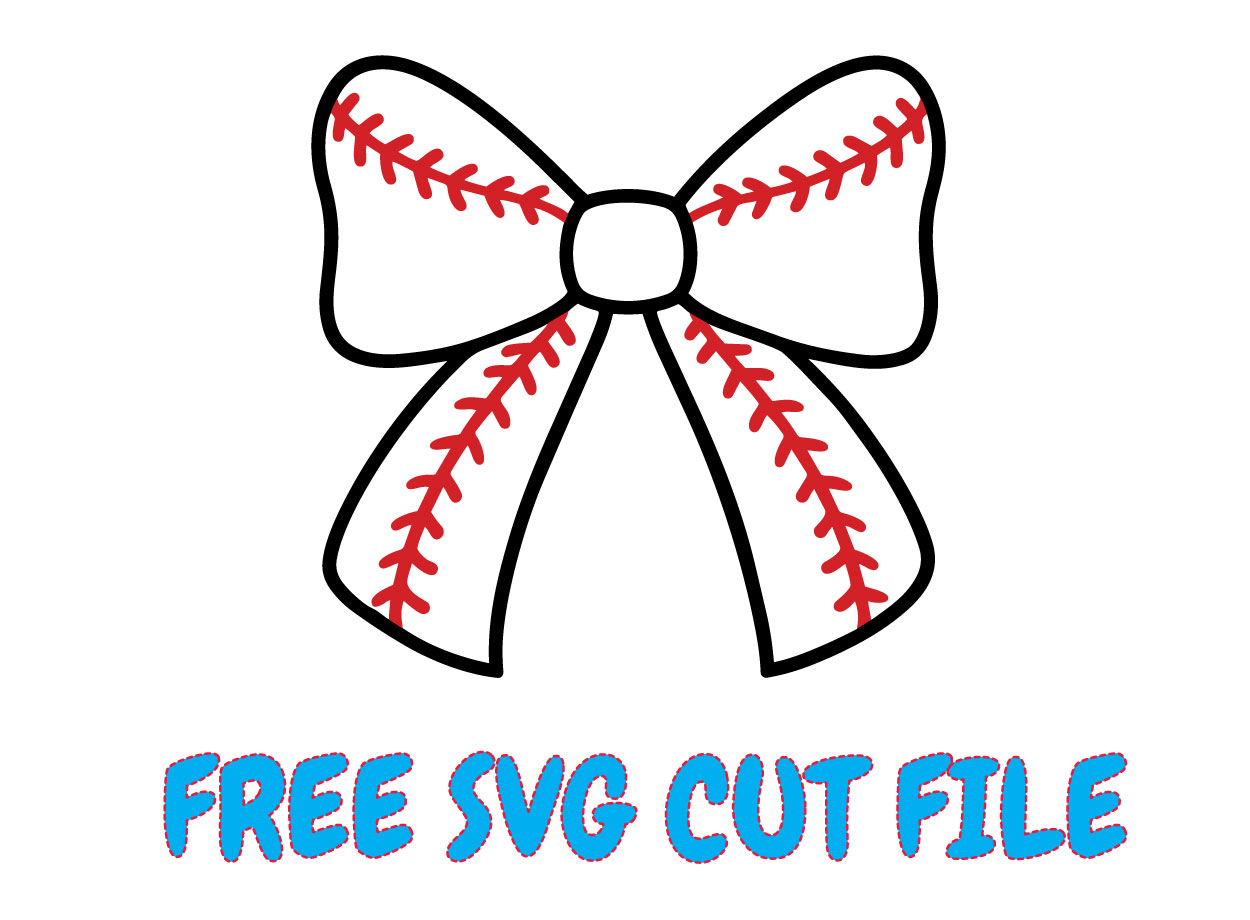 Baseball Bow SVG Free Cut File Cricut Silhouette PNG DXF Coquette Softball Ribbon Bow Design Baseball coquette bow SVG with red stitching, perfect for Cricut projects, team shirts, game day apparel and vinyl decals